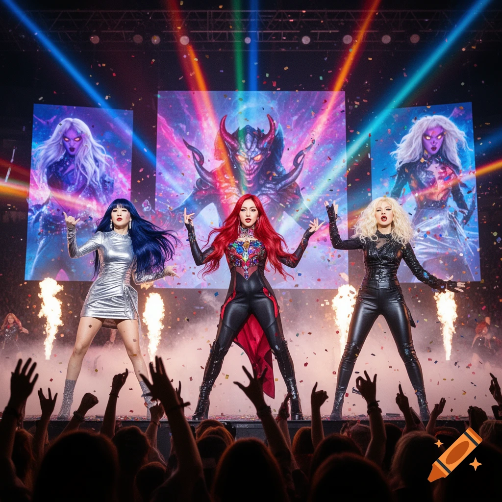 Three K-pop performers in elaborate costumes on a stage with vibrant lights, screens displaying fantasy creatures, confetti, and pyrotechnics, viewed from the audience.