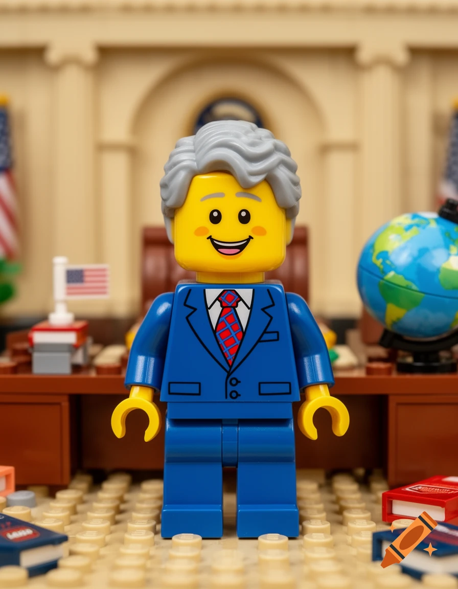 A Lego minifigure resembling Bill Clinton in a blue suit and red tie stands in a detailed Lego Oval Office with flags and a globe.