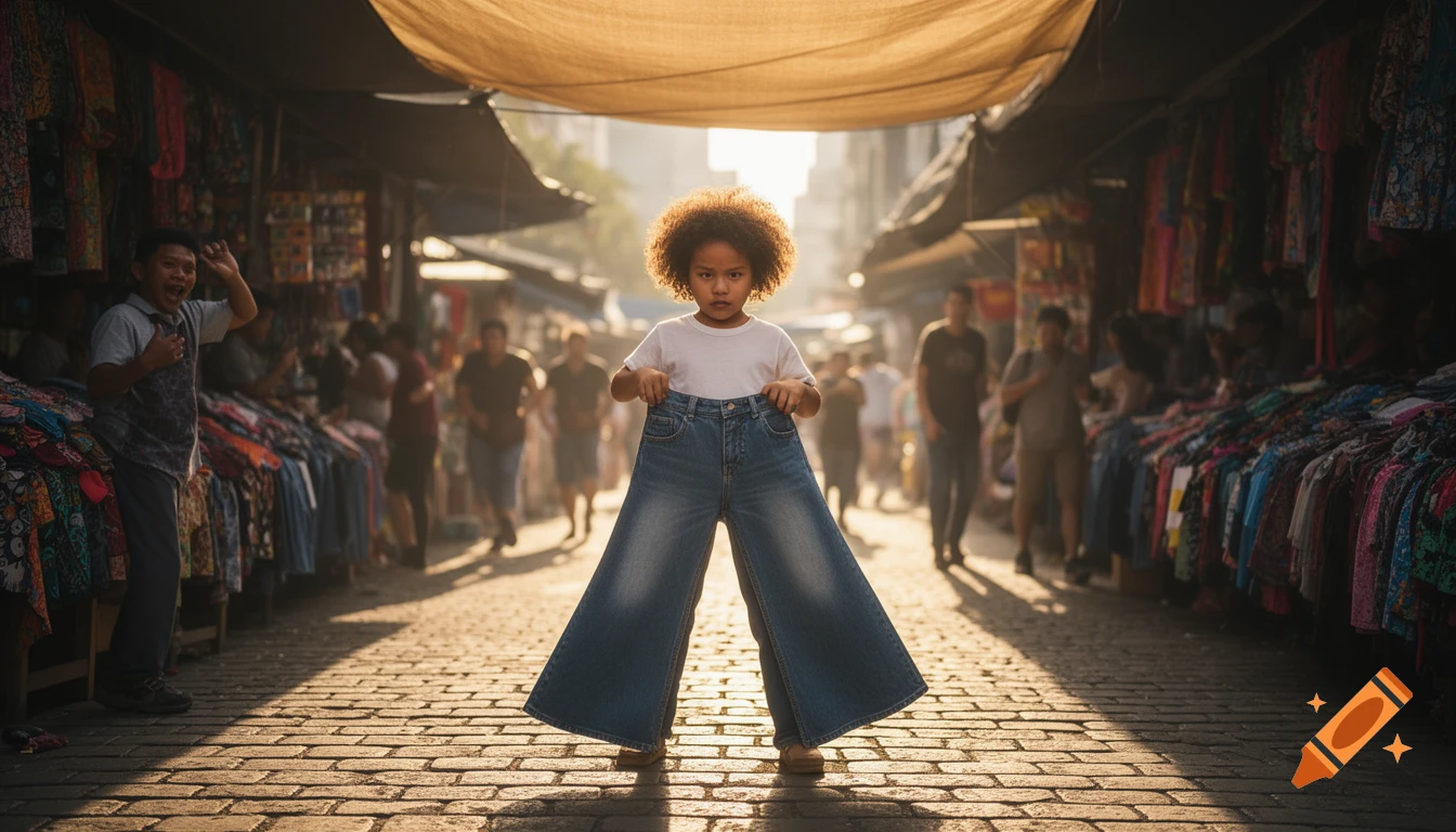 A child with fluffy hair holds up wide-leg jeans in a sunlit market street with blurred people and stalls.