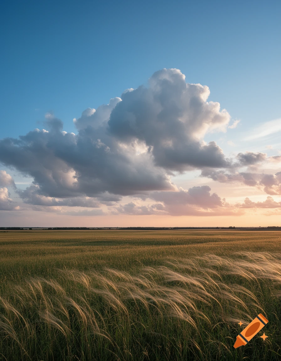 Photorealistic landscape of a windy field with tall grass under a blue sky with dramatic clouds and a sunset glow.