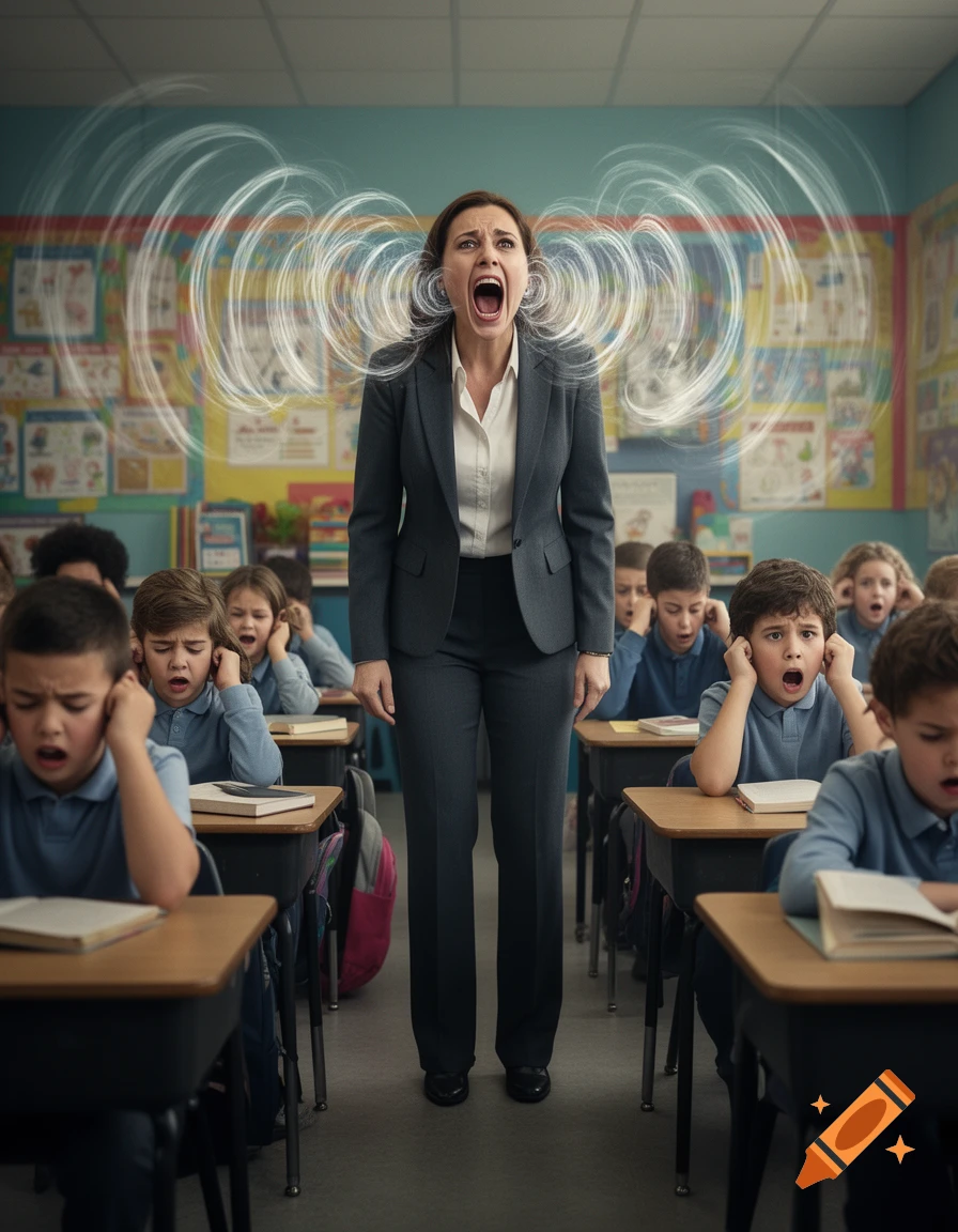 A teacher screams with stylized sound waves emanating from her mouth as scared children cover their ears in a classroom.