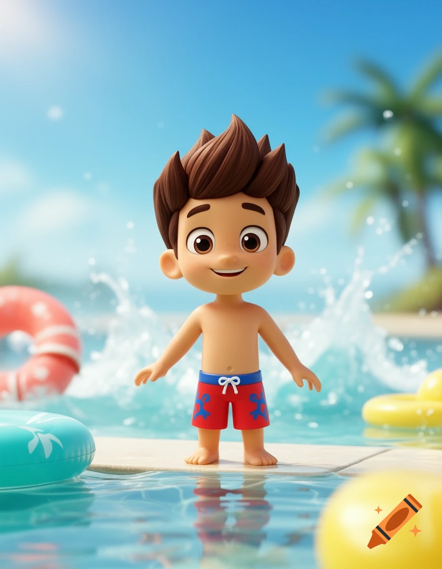 3D animated cartoon boy in red swimming trunks stands at a pool's edge with splashes and floats.