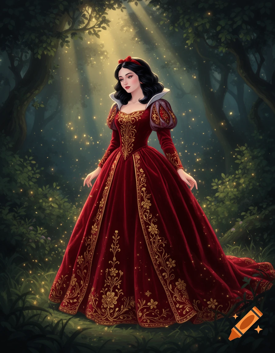 Snow White in an ornate red and gold gown stands in a magical forest, dappled with sunlight.