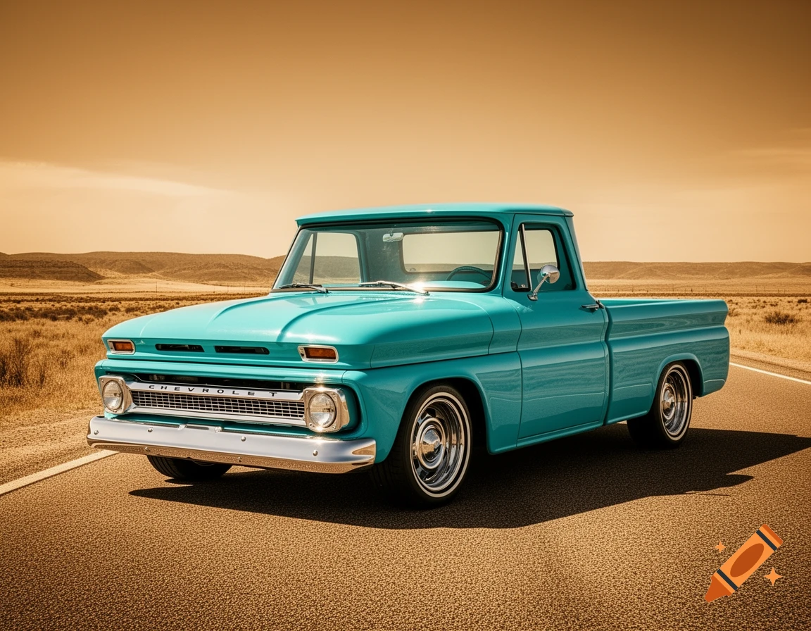 A vintage turquoise Chevrolet C10 pickup truck parked on an asphalt road in a desert landscape under an orange sky.