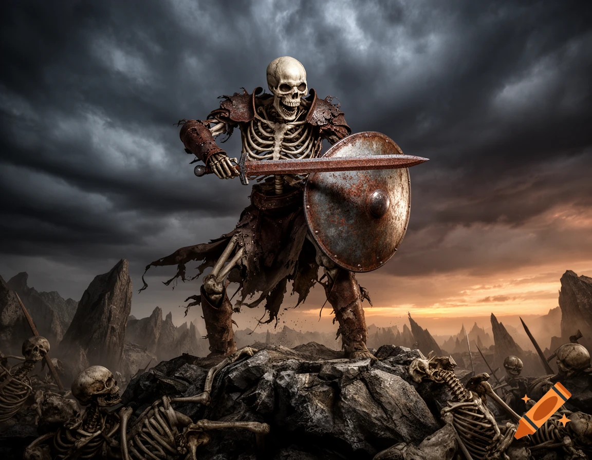 A skeletal warrior in rusted armor stands on rocks, holding a sword and shield among fallen skeletons under a stormy, sunset sky.