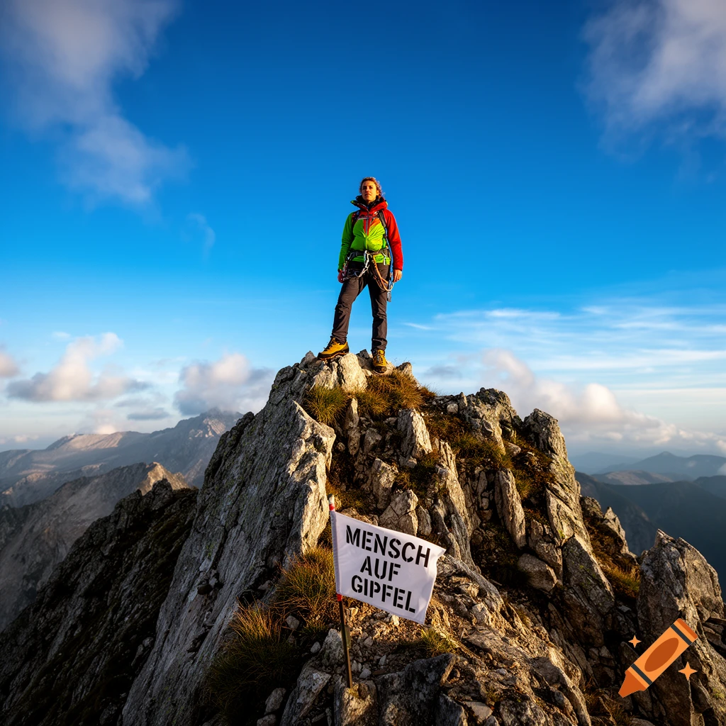 A person in climbing gear stands triumphantly atop a rocky mountain peak under a clear blue sky, with a sign reading "MENSCH AUF GIPFEL".