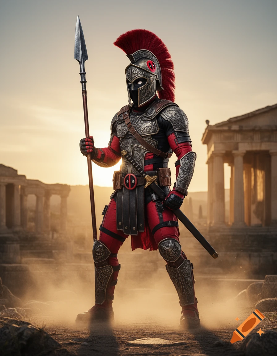 Deadpool in ornate black and red Spartan armor with a large spear stands in dusty ancient ruins at sunset.