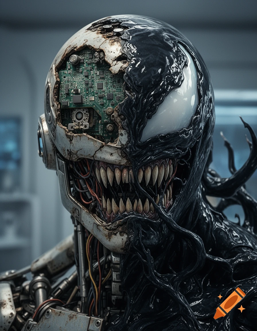 Detailed close-up of a cyborg's head, half decaying metal with exposed circuit board, half black Venom symbiote with sharp teeth and white eye.