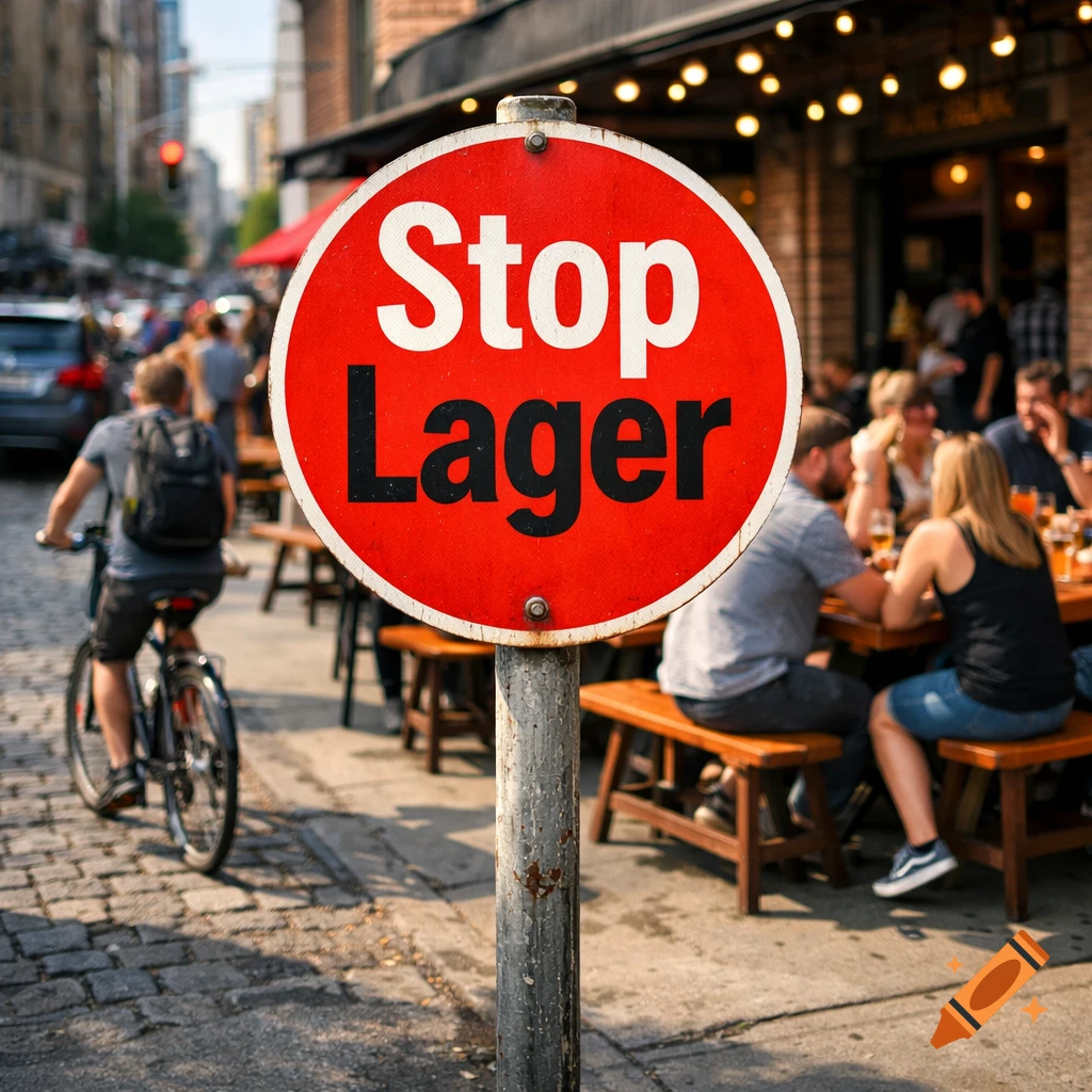 A red 'Stop Lager' sign on a city street, with people dining outdoors at a restaurant and a cyclist passing by in the background.