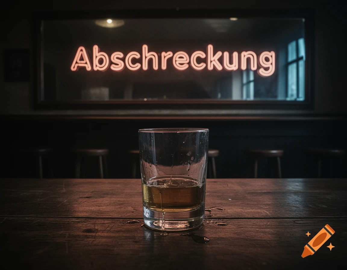 A glass of amber liquid on a wooden bar table with a neon 'Abschreckung' sign in a dark, moody bar setting.
