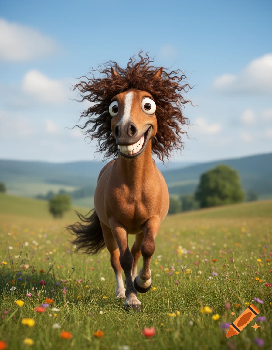 A goofy, cartoonish brown horse with a wild curly mane and big smile runs through a field of wildflowers under a blue sky.