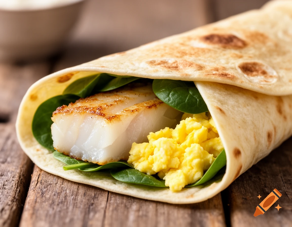 A close-up of a tortilla wrap filled with a pan-fried cod fillet, fresh spinach leaves, and scrambled eggs, on a wooden surface.
