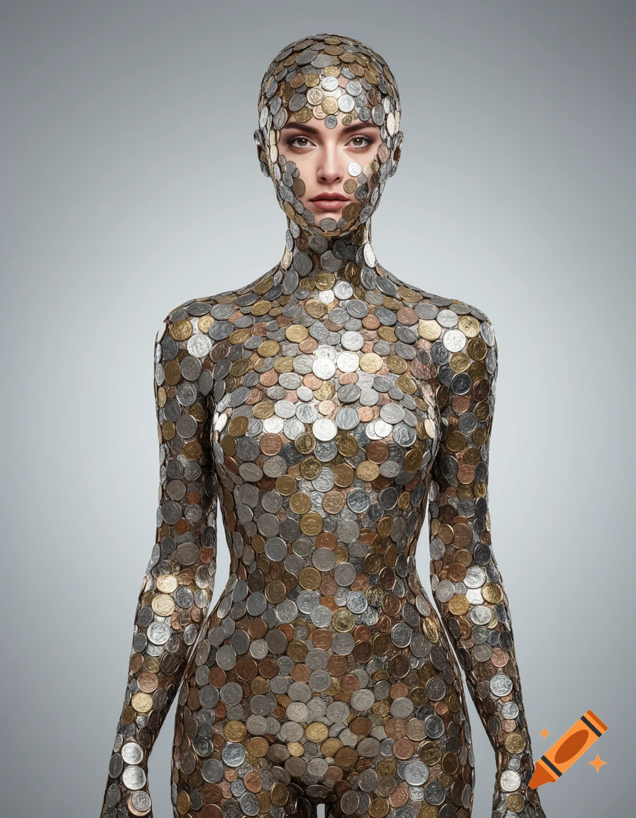 A photorealistic portrait of a woman entirely covered in various coins, standing and gazing directly at the viewer.