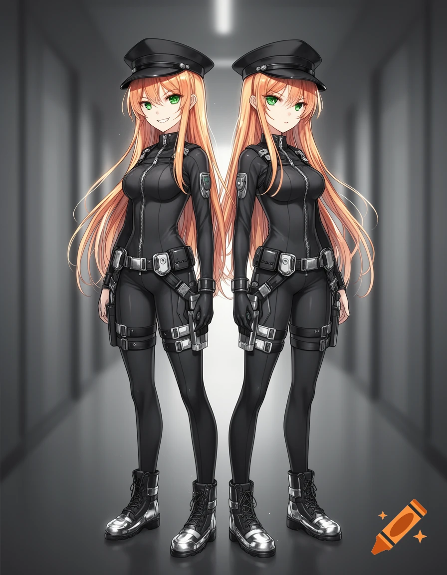Two anime twin girls with long strawberry hair, green eyes, wearing black agent suits, standing in a grey hallway.