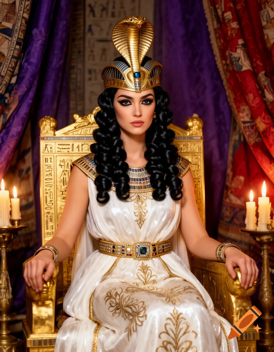 A woman resembling Cleopatra, with a golden cobra crown and elaborate outfit, sits on a golden throne.