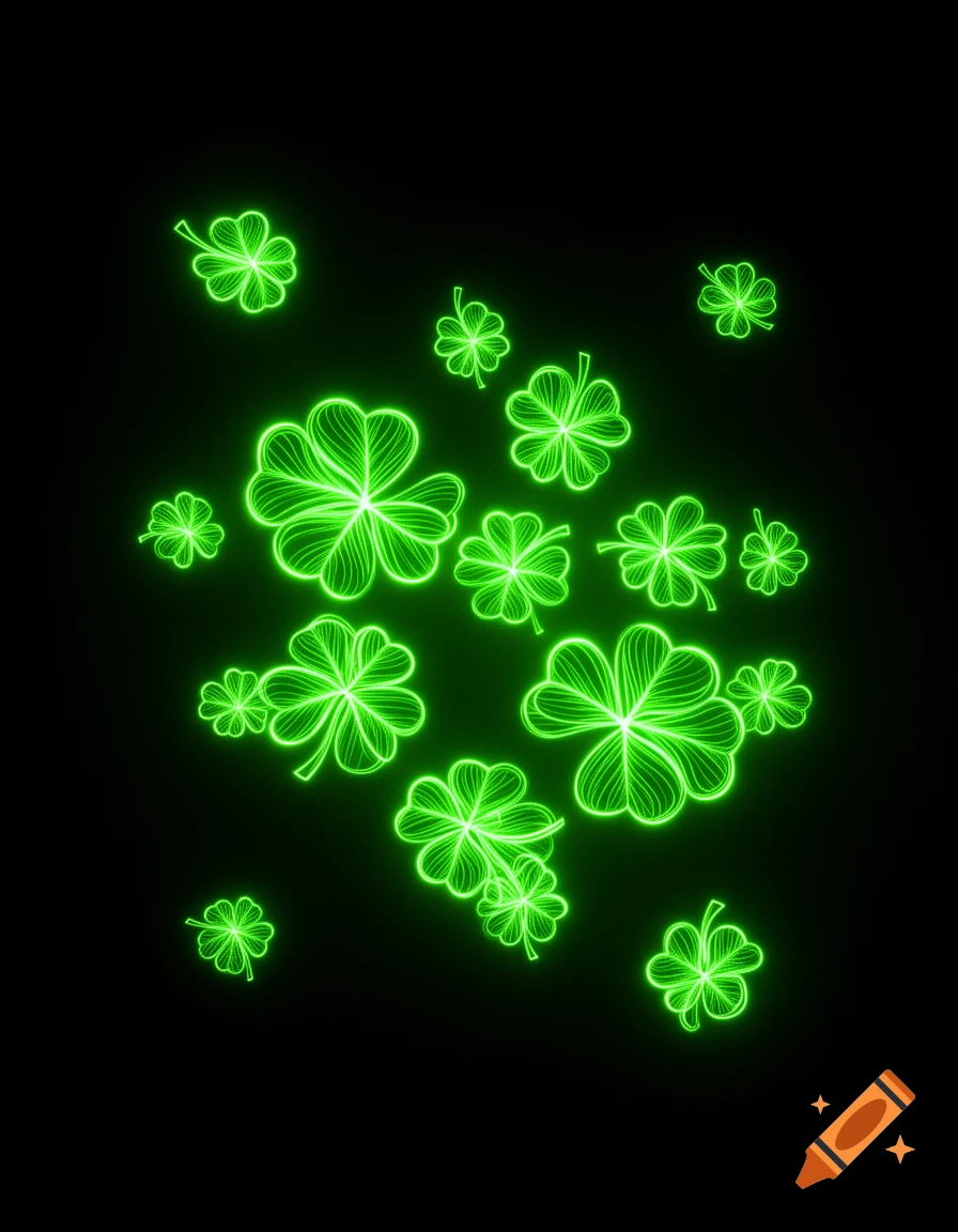 Glowing neon shamrocks against a black background.