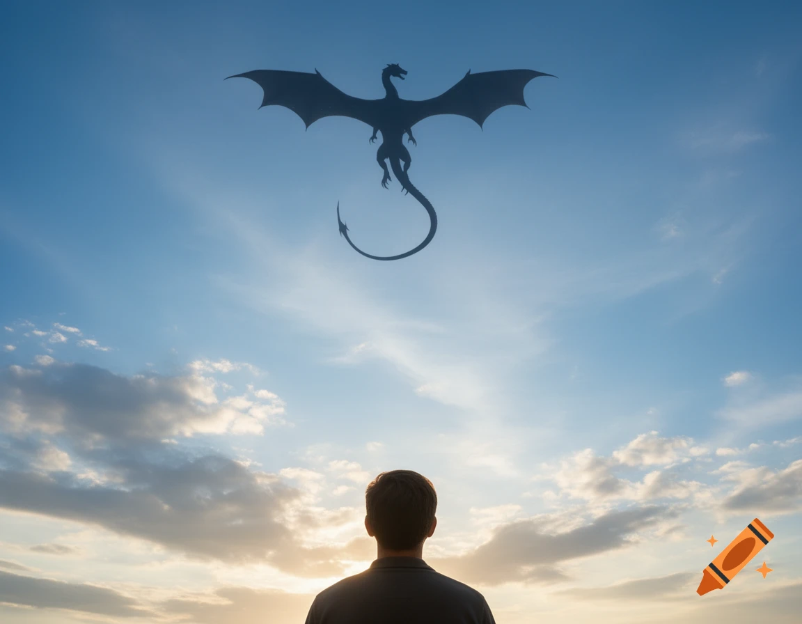 A person looks up at a dragon silhouette flying against a colorful sky with clouds during sunset or sunrise.