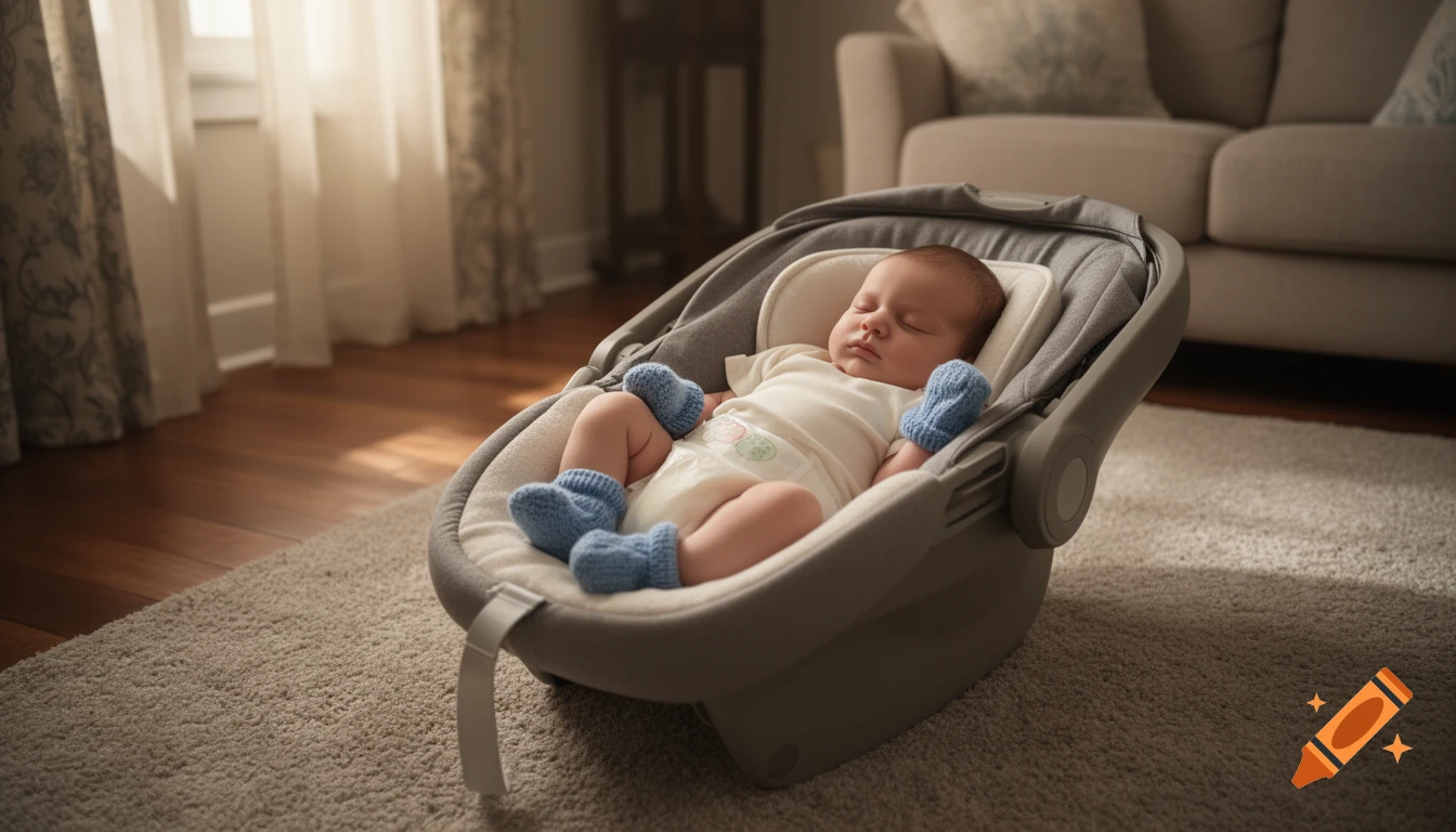 A newborn baby sleeps peacefully in a gray baby carrier on a carpeted floor in a sunlit living room. The baby wears a white onesie, a diaper, blue knit booties, and blue scratch mitts.