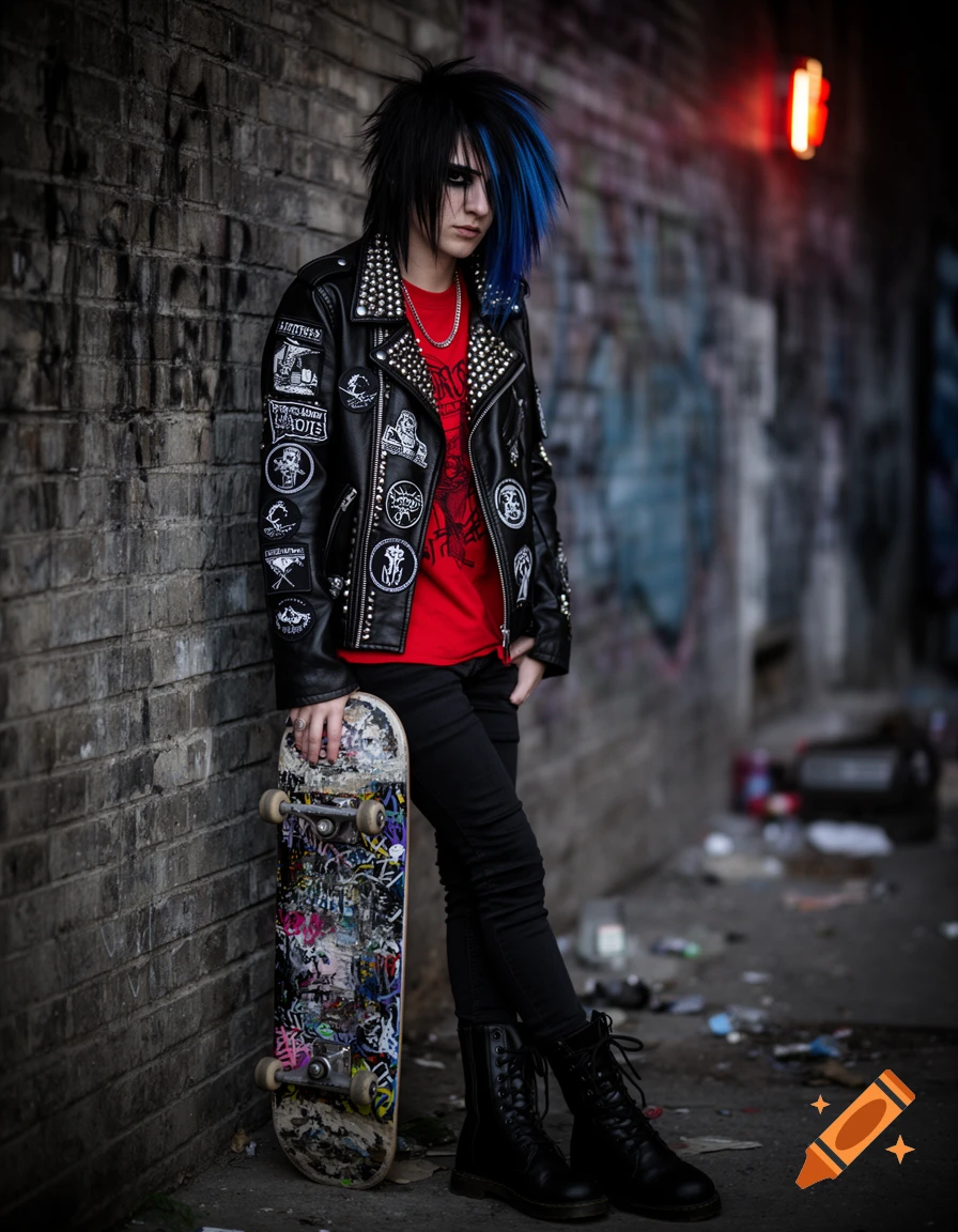 An emo person in a studded leather jacket, with blue-streaked hair and dark makeup, leans against a brick wall holding a skateboard in an urban alley.