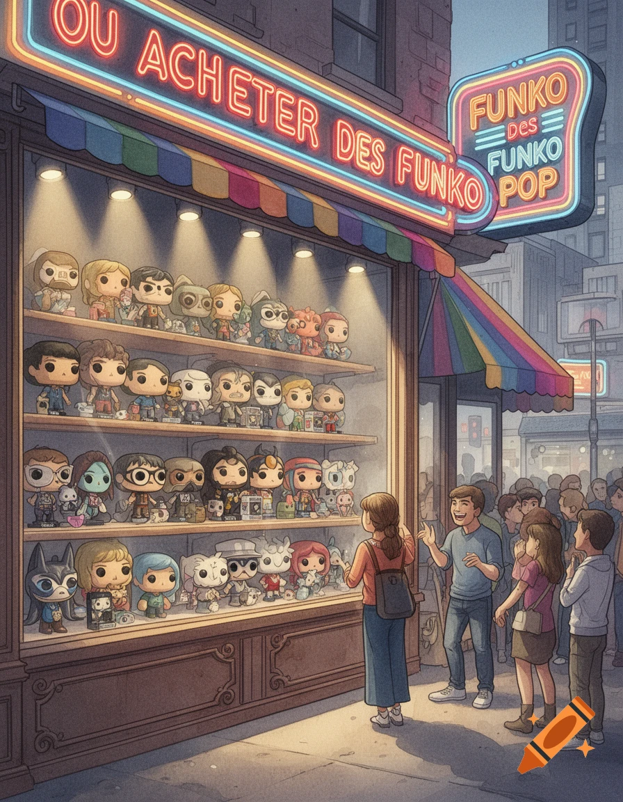 Cartoon illustration of people looking at Funko Pop figures displayed in a brightly lit store window on a city street at night.