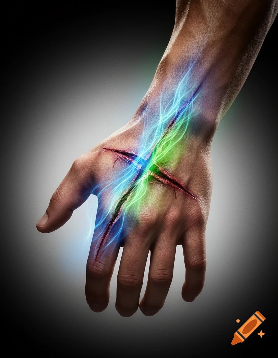 A human hand with stylized cuts on the back, from which glowing blue and green energy streams out, against a dark gradient background.
