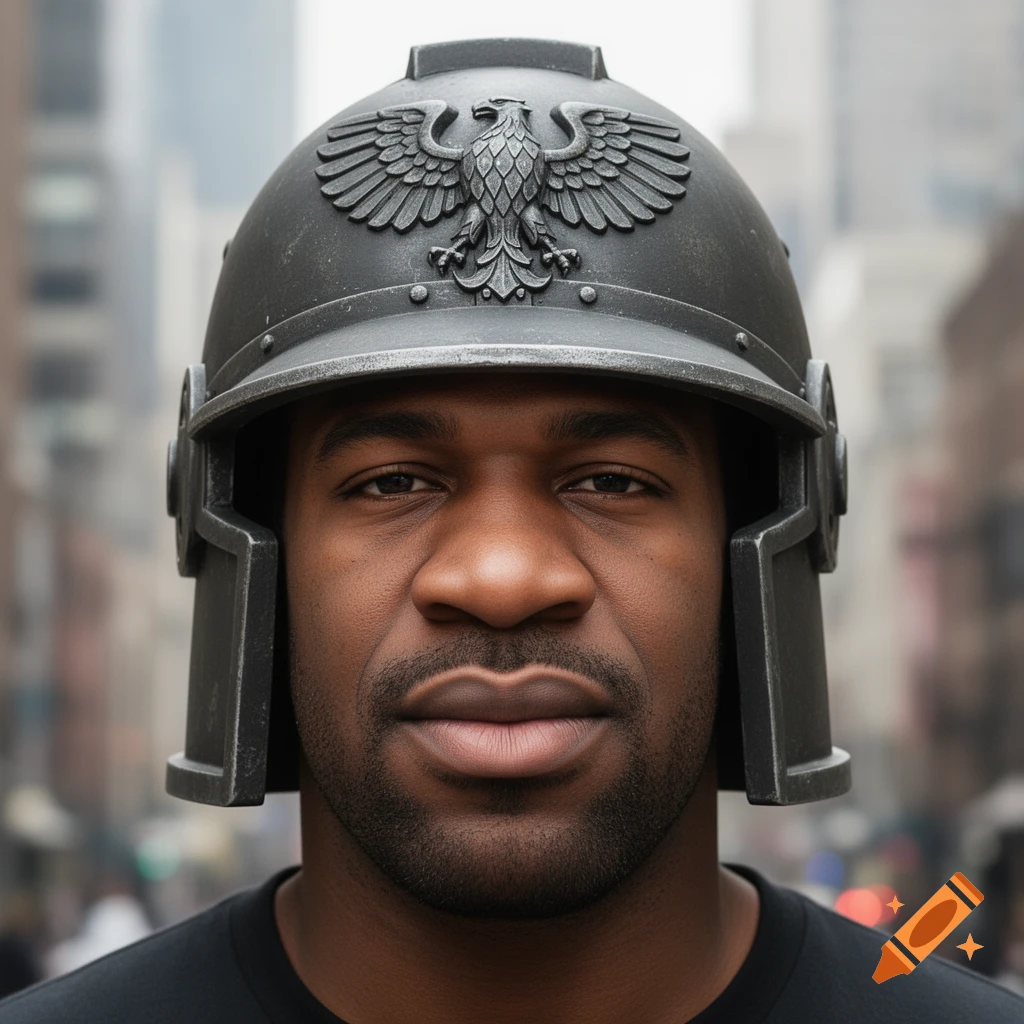 A man wearing a dark grey Warhammer 40k Imperial Guard helmet, looking directly at the viewer. Photorealistic style.