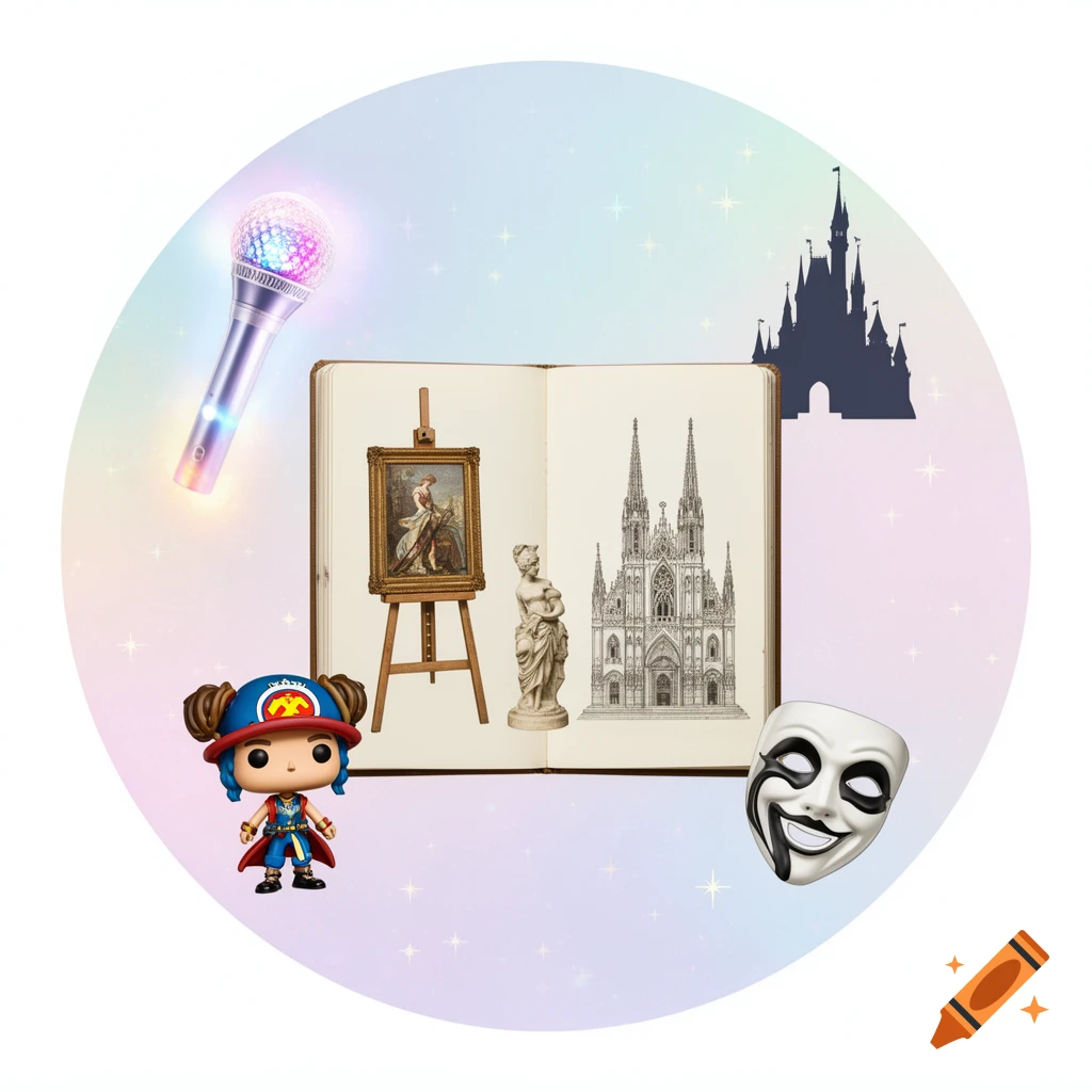 An illustration with a pastel background showing a collage of items including a disco microphone, an open sketchbook with a painting and cathedral drawing, a statue, a Funko Pop figure, a Disney castle silhouette, and a theater mask.