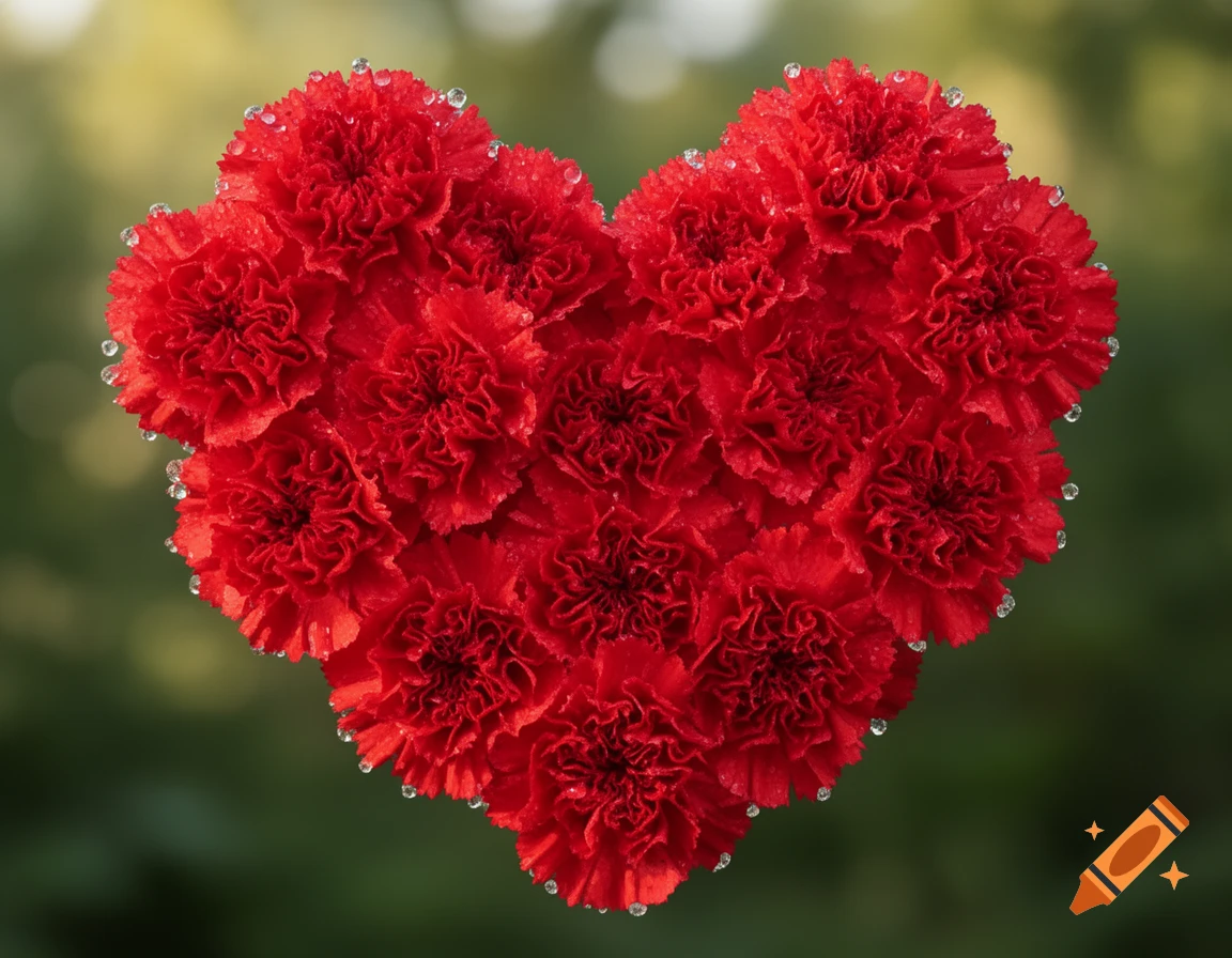 A heart shape made of vibrant red carnations with water droplets against a blurred green background.