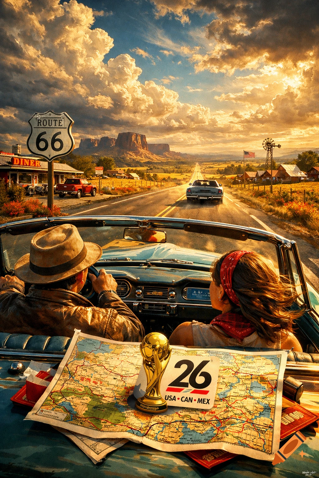 A couple in a convertible drives on Route 66 at sunset, with a map and a 2026 World Cup emblem on the hood, showing a diner and mesas in the background. Cinematic style.