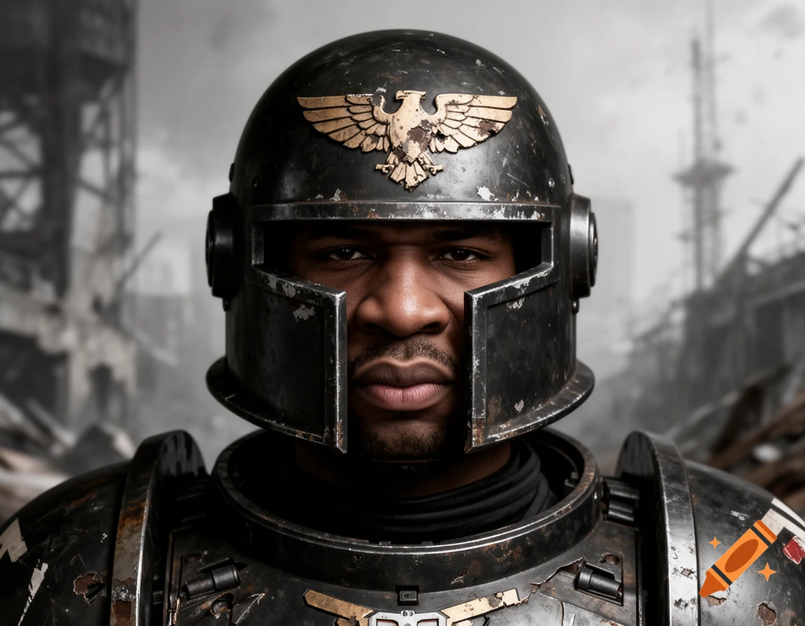 Close-up of a man wearing a dark, battle-worn Warhammer 40,000 Imperial Guard helmet with an eagle emblem, in a ruined city.