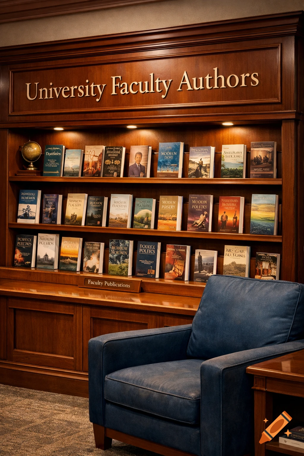 A wooden display case in a library, titled "University Faculty Authors", filled with books, next to a blue armchair.
