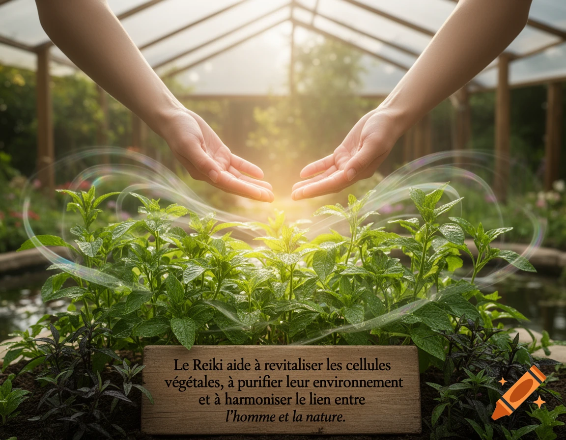 Two hands hover over vibrant green plants in a sunlit greenhouse, with a wooden sign featuring French text about Reiki.