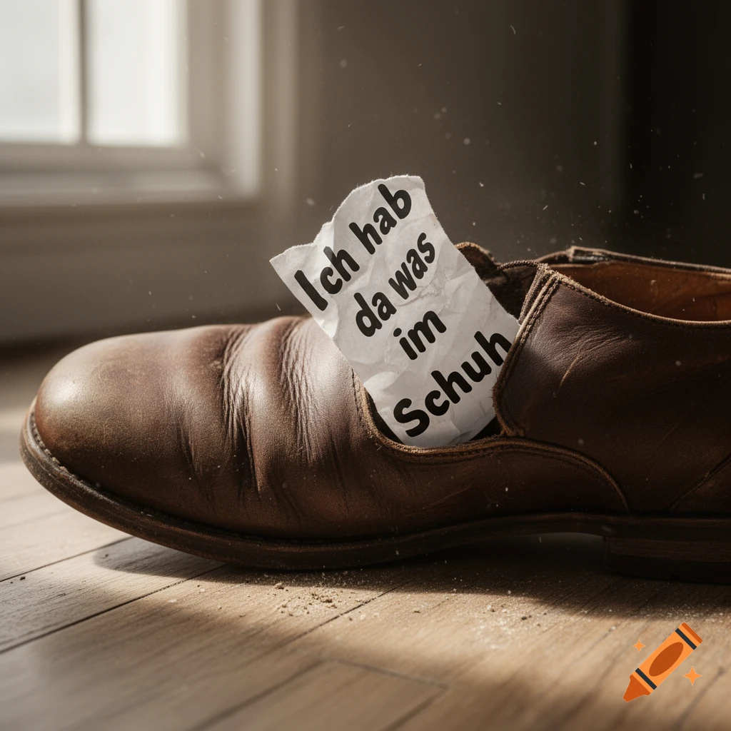 Brown leather shoe on a wooden floor with a crumpled paper note inside, reading 'Ich hab da was im Schuh'.