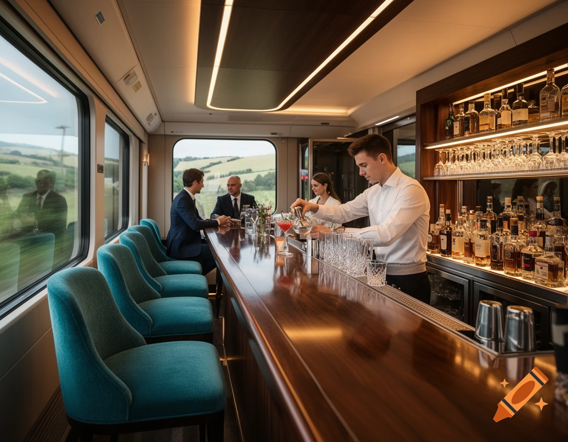 A bartender prepares a drink at a luxurious bar on a moving train, as passengers relax by large windows overlooking a green landscape. Photorealistic style.