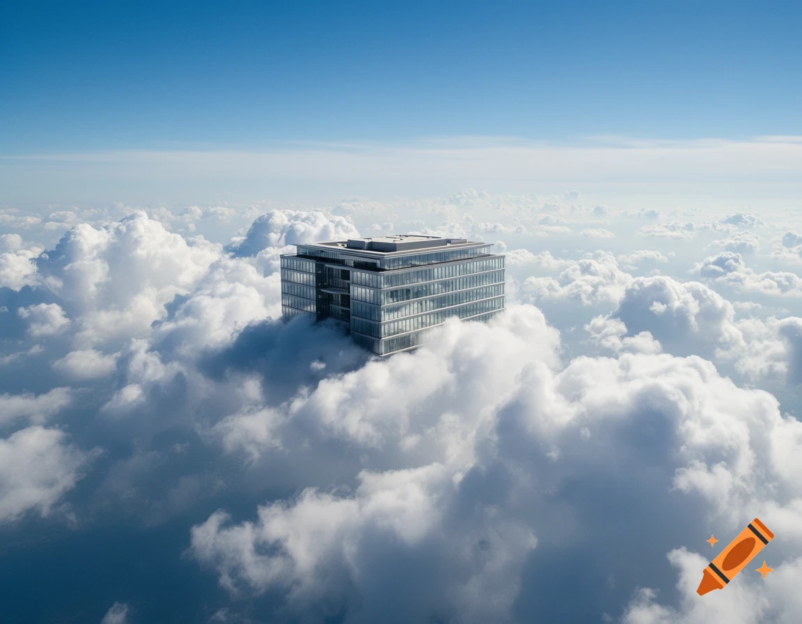 A modern, glass-fronted building appears to float among fluffy white clouds under a clear blue sky, a dreamlike architectural scene.