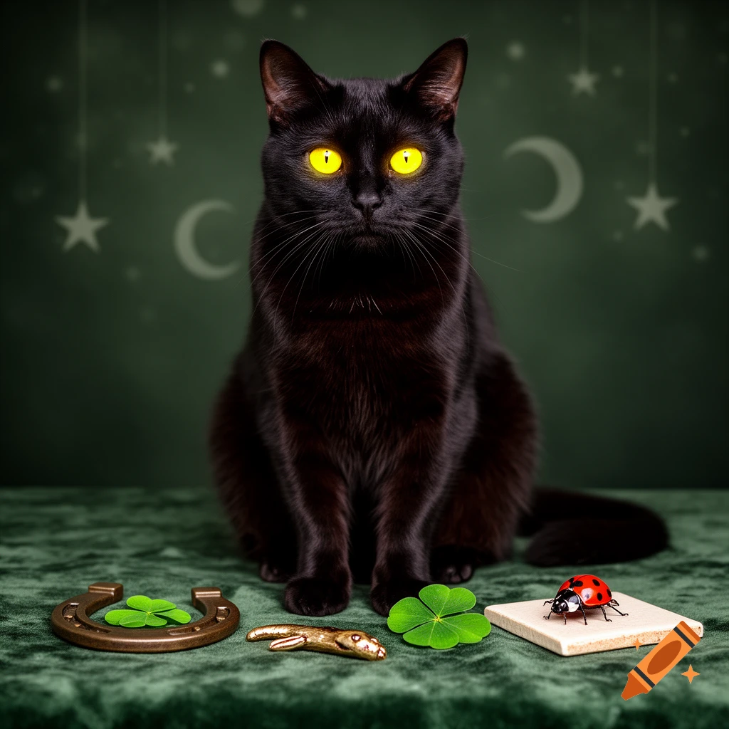 A black cat with glowing yellow eyes sits on green velvet, surrounded by lucky symbols like clovers, a horseshoe, and a ladybug.