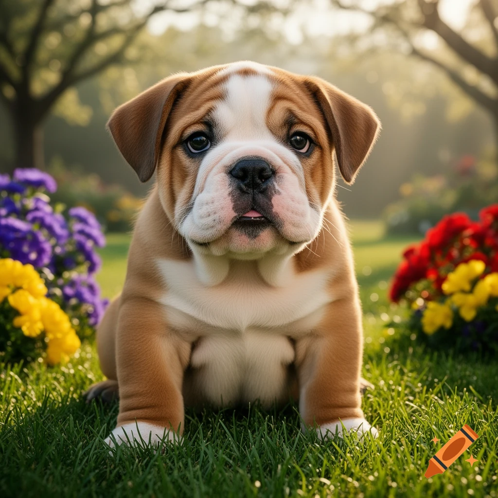 A photorealistic bulldog puppy with brown and white fur sits in a sunny garden surrounded by colorful flowers.