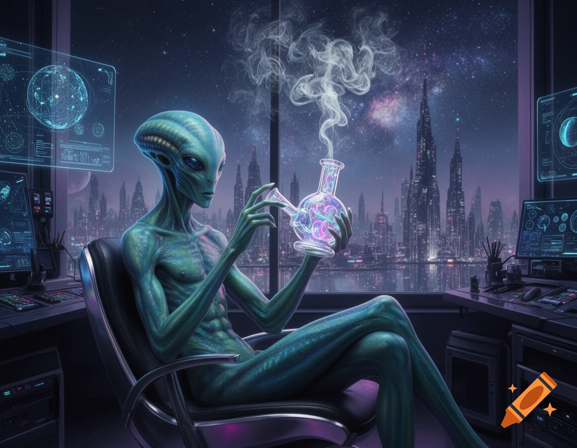A green alien sits in a futuristic office, looking at a city skyline and starry sky, smoking from a glowing bong.