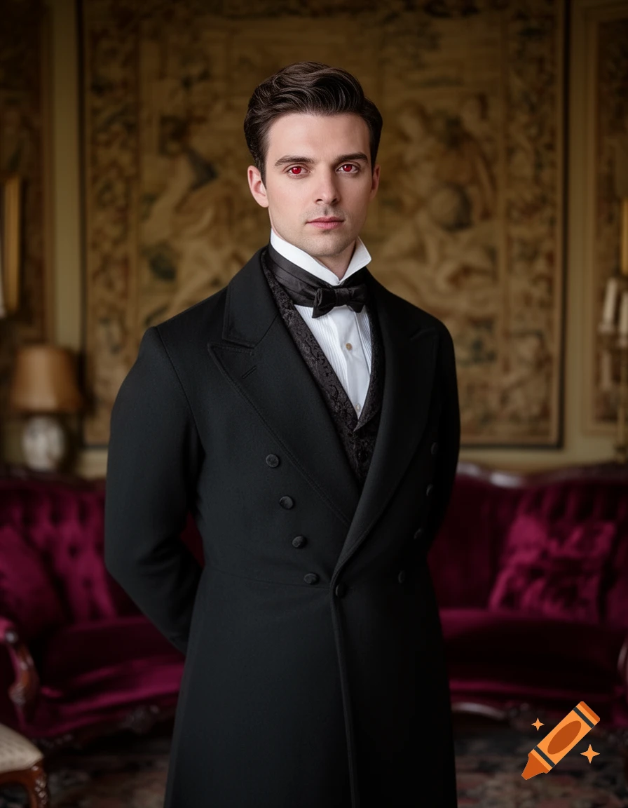 A photorealistic portrait of a man with red eyes, wearing a black tailcoat and bow tie, standing in a richly decorated room.
