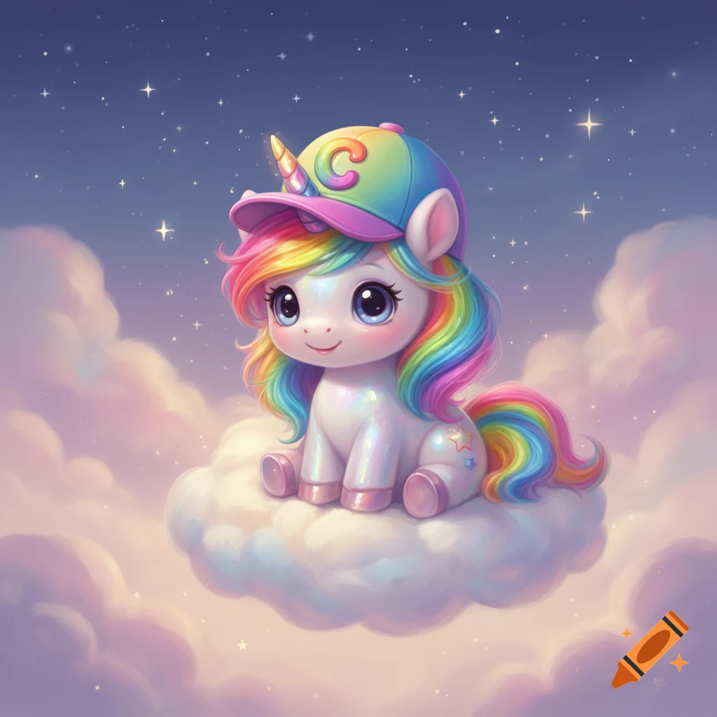 A cute baby unicorn with a rainbow mane and a colorful cap sits on a fluffy cloud under a starry night sky in a kawaii style.