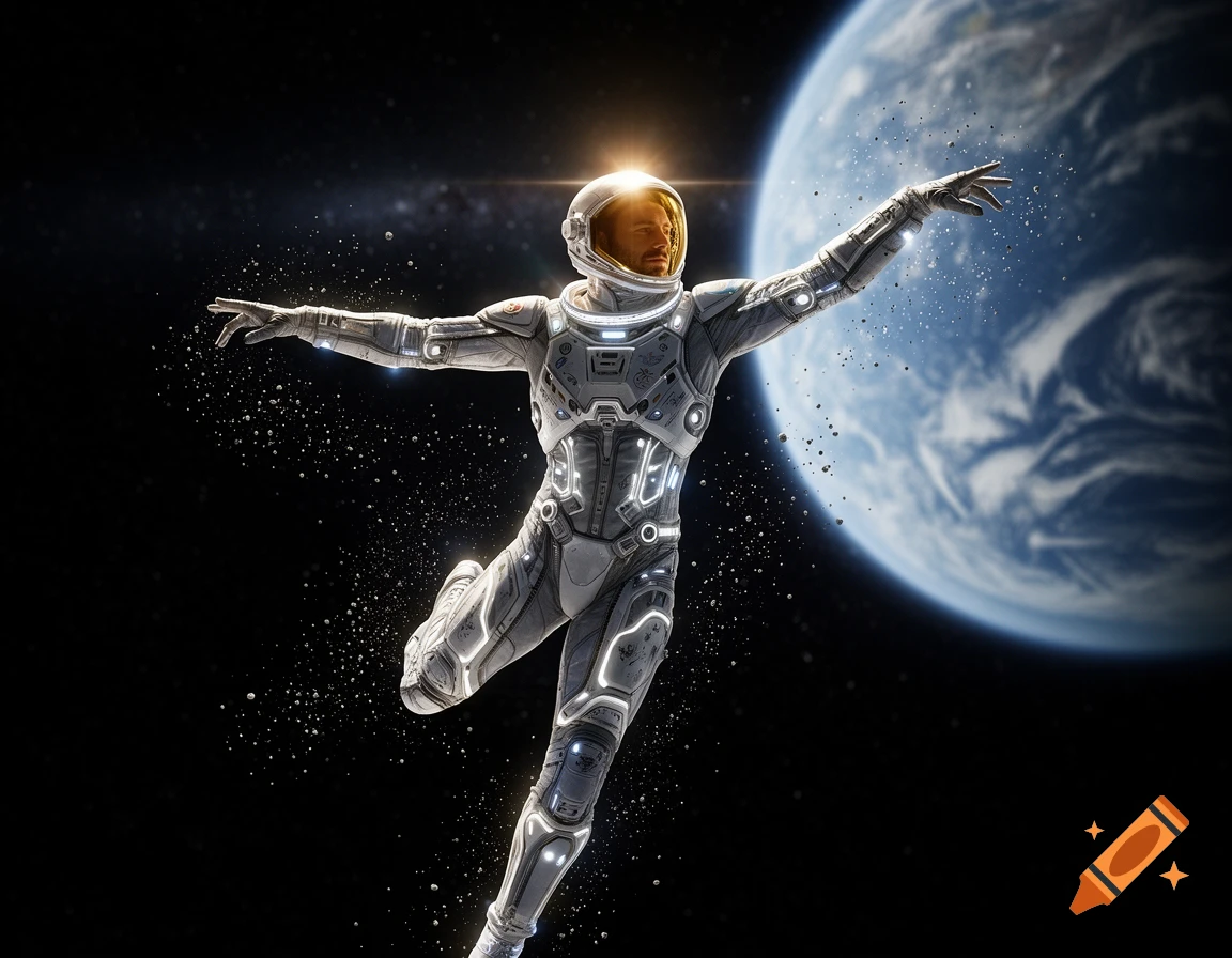 A man in a futuristic white spacesuit dances gracefully in space, with a glowing Earth visible in the background.