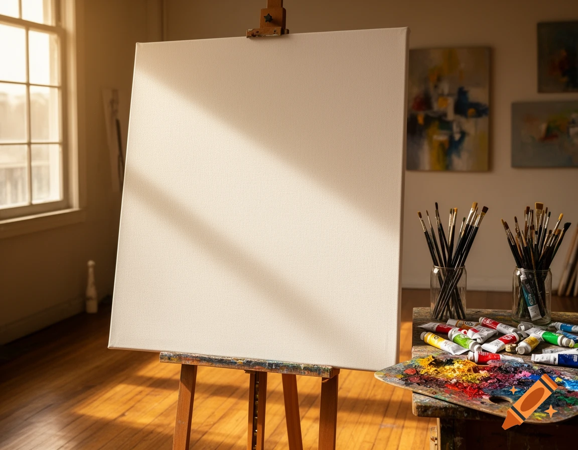 A photorealistic image of a sunlit art studio with a blank canvas on an easel, surrounded by paints, brushes, and a palette.