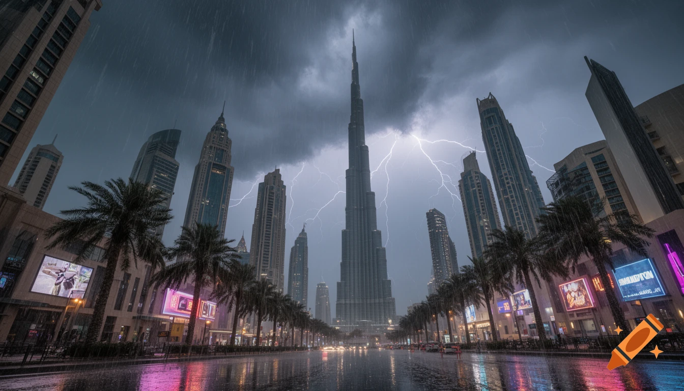 Photorealistic image of downtown Dubai during a severe rainstorm with lightning striking around the Burj Khalifa and other skyscrapers.