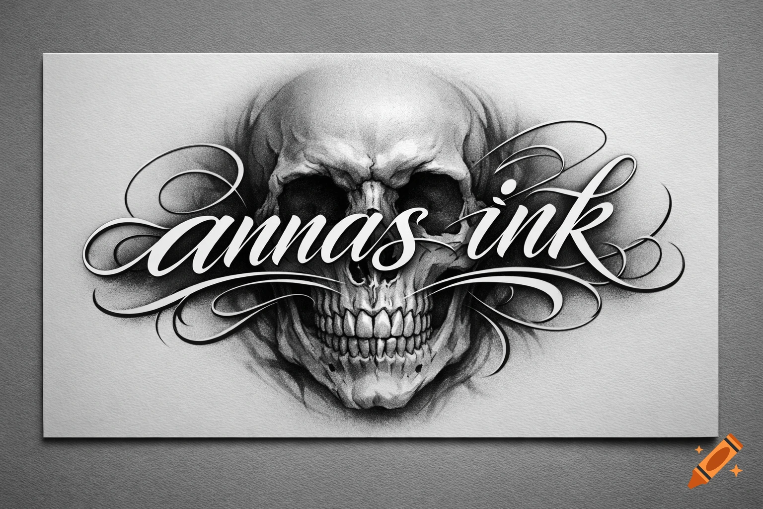 A black and white pencil sketch style illustration of a skull with the stylized script text 'annas ink' overlaid, resembling a tattoo design.