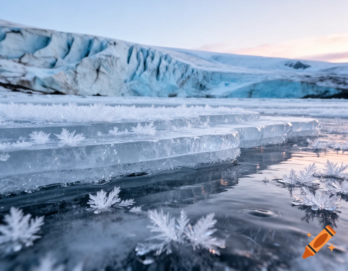 Close-up of clear ice chunks with intricate frost crystals floating on water, a large glacier and mountains in the background.