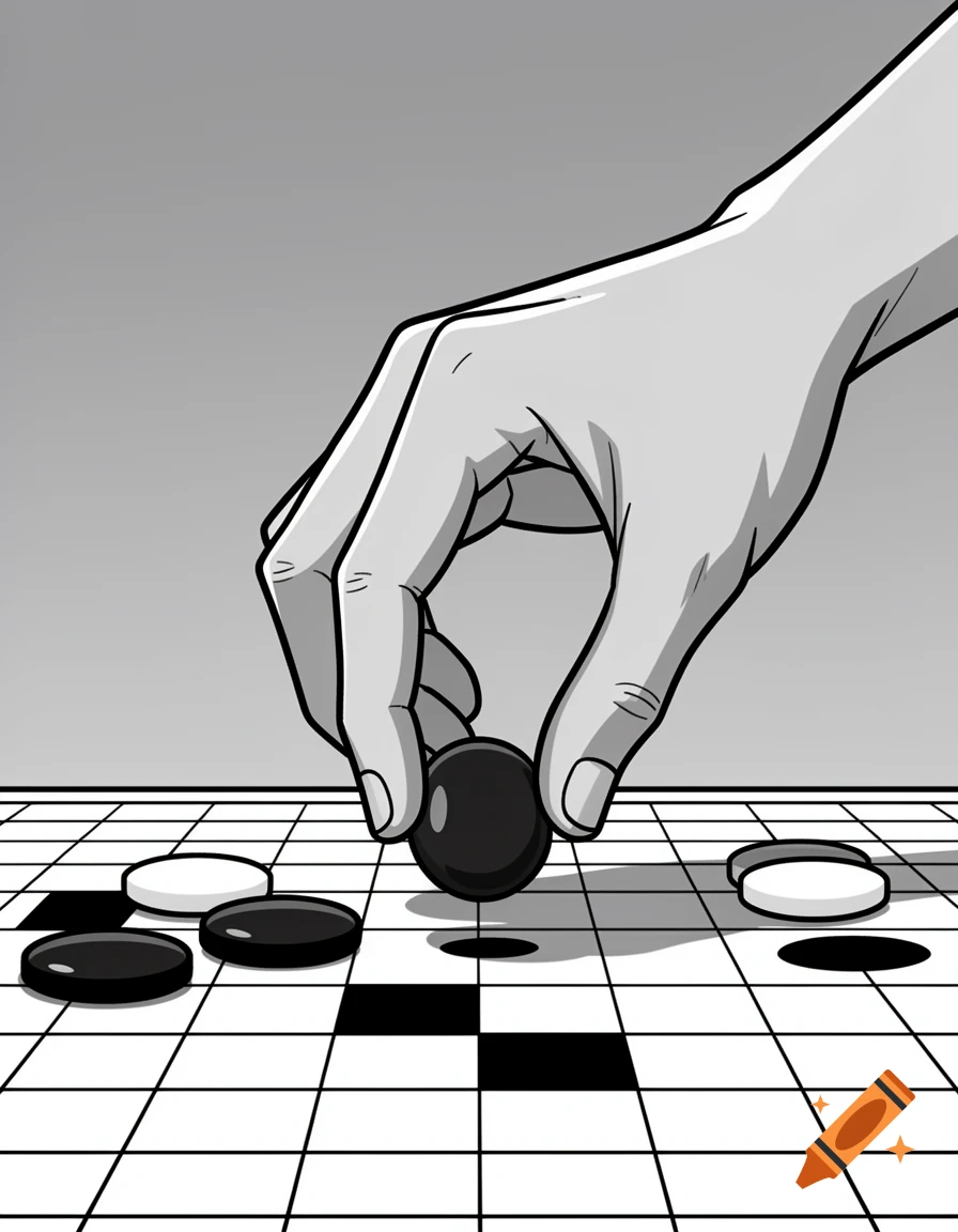 A hand places a black Go stone on a grid board with other black and white stones, in a monochrome comic style.