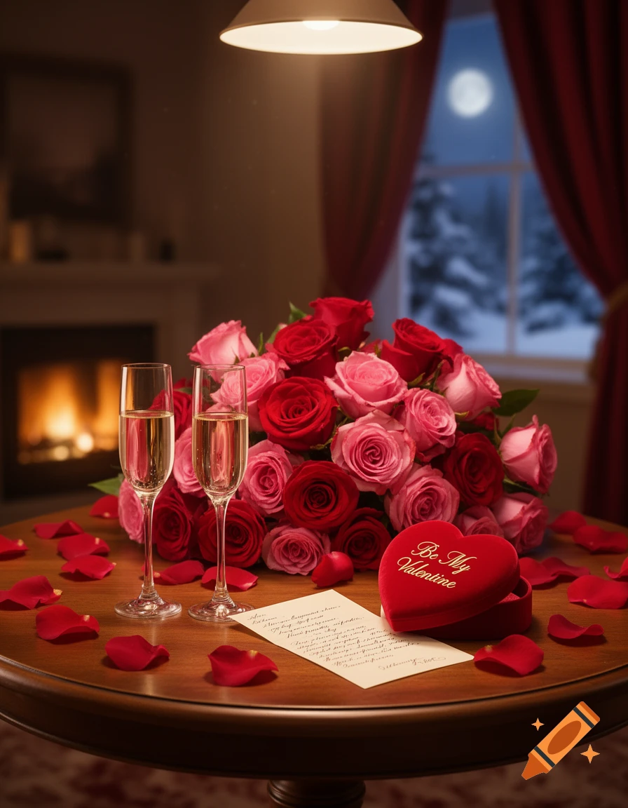 A romantic setting with a bouquet of red and pink roses, two champagne glasses, rose petals, and a heart-shaped box on a wooden table, with a fireplace and moonlit window in the background.