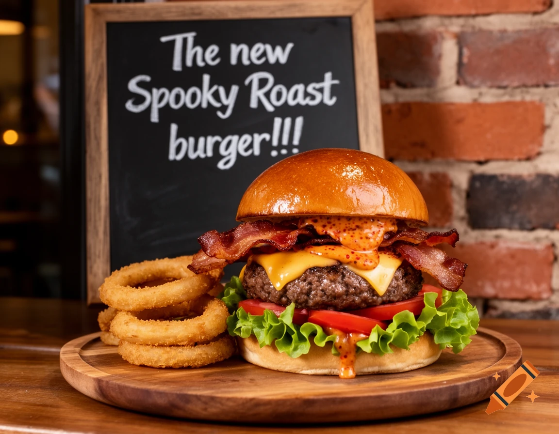 Photorealistic juicy burger with melted cheese, bacon, lettuce, tomato, and sauce, onion rings, and a chalkboard sign.