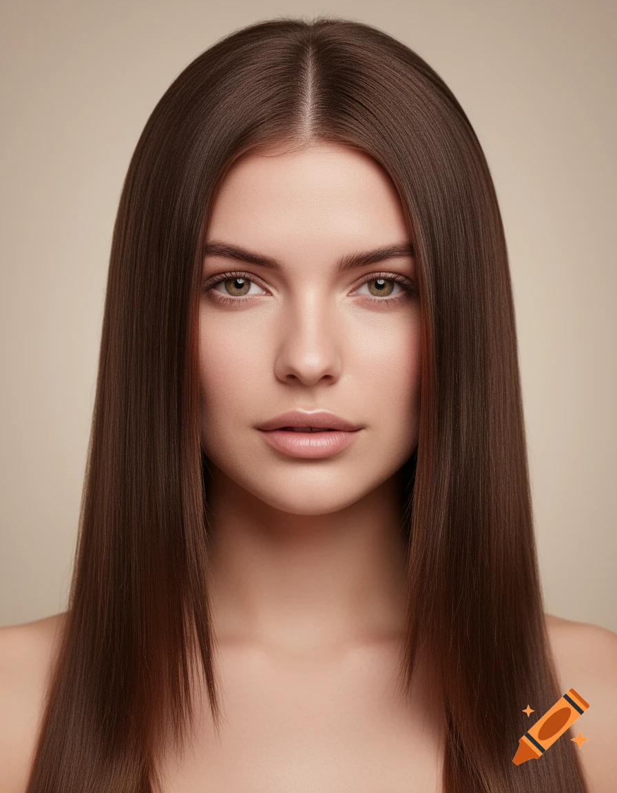 A woman with long, straight brown hair and green eyes looking directly at the camera.