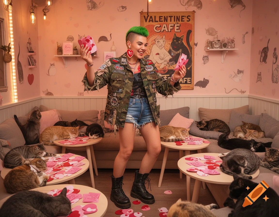 A woman with green hair and a camouflage jacket holds valentine cards in a pink cat cafe filled with many cats and heart decorations.